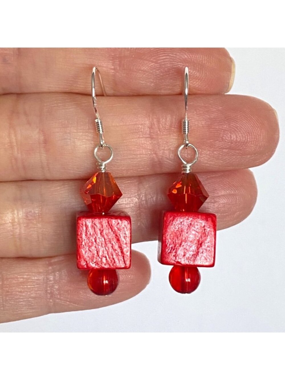 Red Wood Blocks Swarovski Crystal Glass Silver Plate Dangle Pierced Earrings